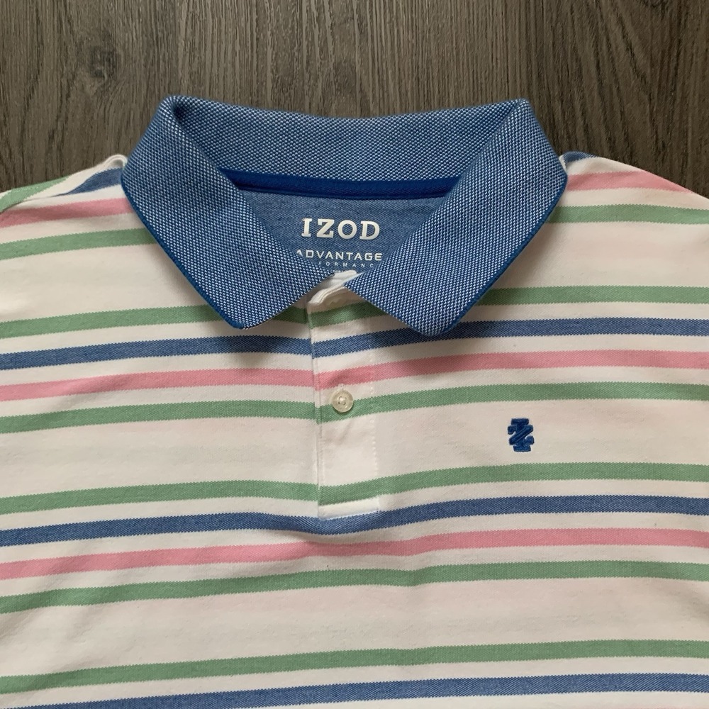 Izod Polo Blue Pink Stripe‎ Advantage Performance Golf Outdoor XL Easter
